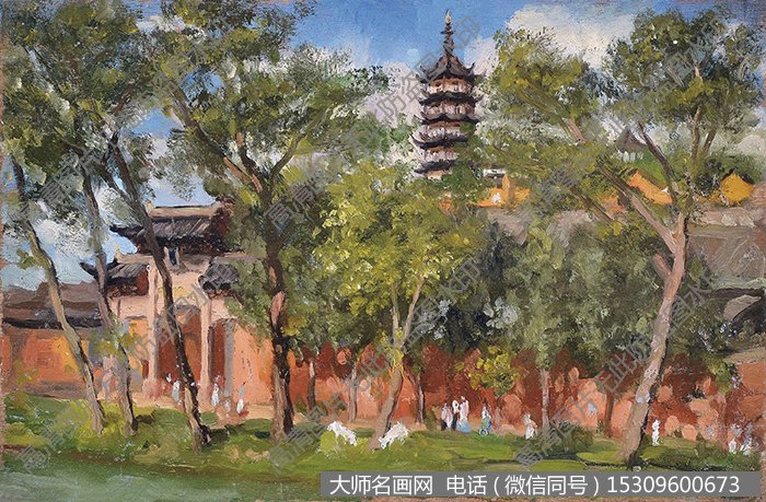 文金扬风景油画《红墙寺庙》欣赏下载