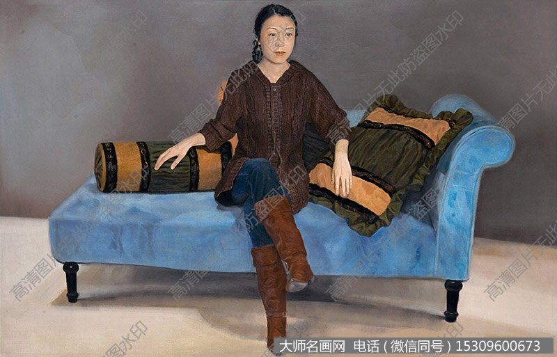 于洁人物油画作品《蓝沙发》高清大图下载